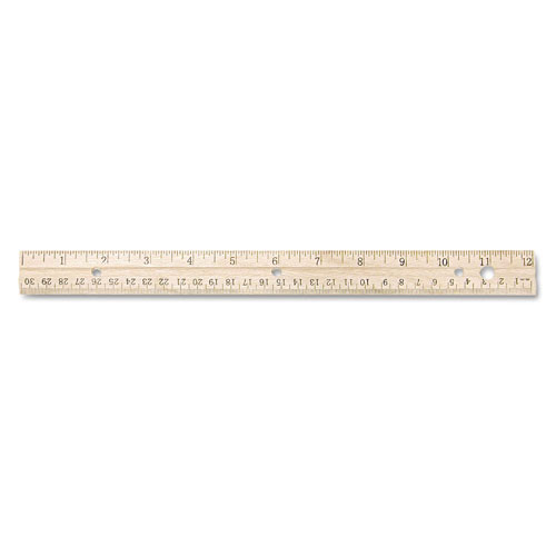 Westcott® Three-Hole Punched Wood Ruler English and Metric With Metal Edge, 12" Long