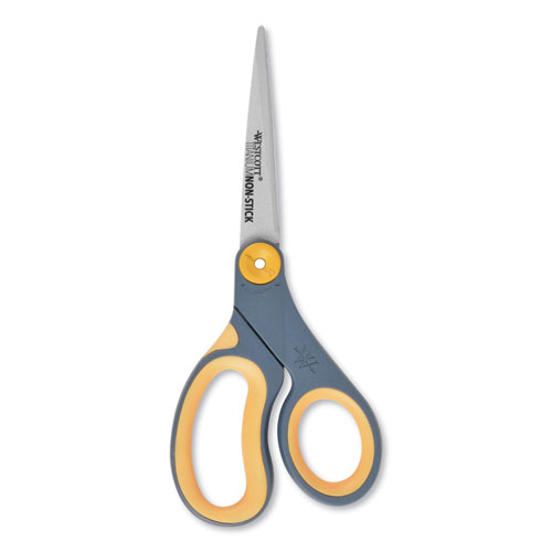 Westcott® Non-Stick Titanium Bonded Scissors, 8" Long, 3.25" Cut Length, Gray/Yellow Straight Handle
