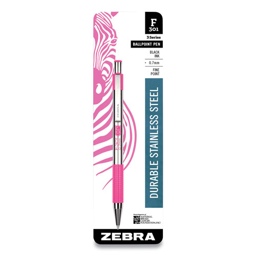 Zebra F-301 Ballpoint Pen, Retractable, Fine 0.7 mm, Black Ink, Stainless Steel/Pink Barrel