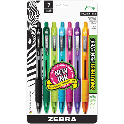 Zebra Pen Ballpoint Pen, Retractable, 1.0mm Pt, 7/PK, Assorted
