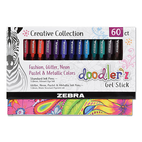 Zebra Pen Doodler'z Gel Stick Pen, Bold 1 mm, Assorted Ink, Assorted Barrels, 60/Pack