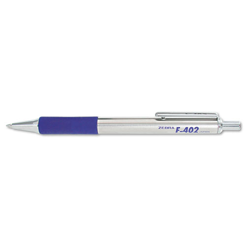 Zebra Pen F-402 Retractable Ballpoint Pen, 0.7mm, Blue Ink, Stainless Steel/Blue Barrel