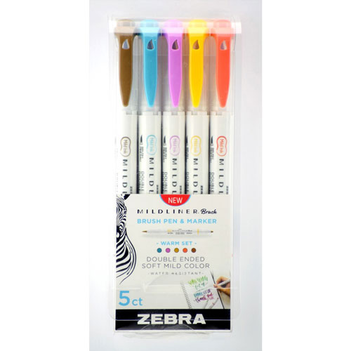 Zebra Pen Mildliner Brush Pen & Marker Set - Fine Marker Point - Brush Marker Point Style - Gold Pigment-based, Magenta, Brown, Vermillion, Smoke Blue Ink - 5 / Pack