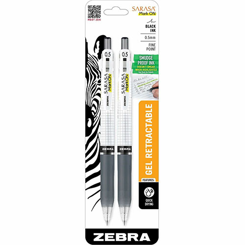 Zebra Pen SARASA Mark ON Gel Retractable Pens, Black Water Based Ink, 2/Pack