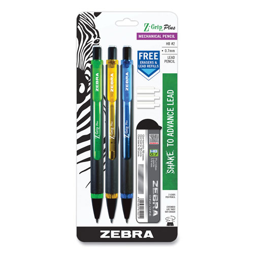 Zebra Pen Z-Grip Plus Mechanical Pencil, 0.7 mm, HB (#2), Black Lead, Assorted Barrel Colors, 3/Pack