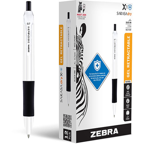 Zebra Sarasa Dry X1+ Retractable Gel Pen, Medium 0.7 mm, Black Ink, White Barrel, 12/Pack