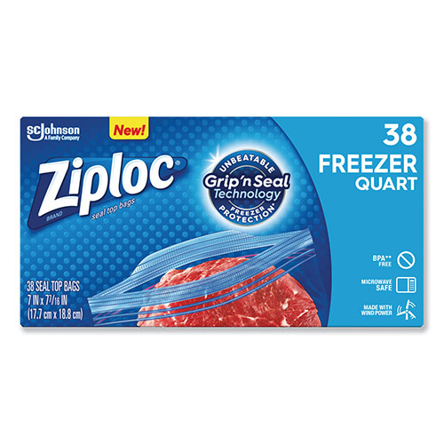 Ziploc® Double Zipper Freezer Bags, 1 qt, 2.7 mil, 6.97" x 7.7", Clear, 9/Carton