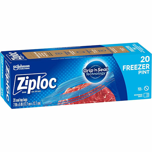 SC Johnson Ziploc® Grip n' Seal Freezer Bags, 5 Width x 7 Length, Blue,  Plastic, 20/Box, Food, Meat, Poultry, Fish, SJN314443