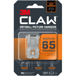 3M CLAW Drywall Picture Hanger - 65 lb (29.48 kg) Capacity - 2 in, for Pictures, Project, Mirror, Frame, Home, Decoration - Steel - Gray - 2 / Pack