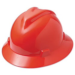MSA V-Gard Full-Brim Hard Hats, Ratchet Suspension, Size 6 1/2 - 8, Red