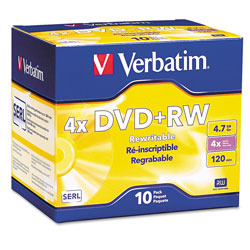 Verbatim DVD+RW Discs, 4.7GB, 4x, w/Slim Jewel Cases, Pearl, 10/Pack