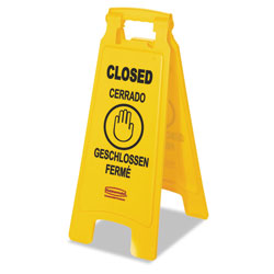 Rubbermaid Multilingual  inClosed in Sign, 2-Sided, Plastic, 11w x 12d x 25h, Yellow