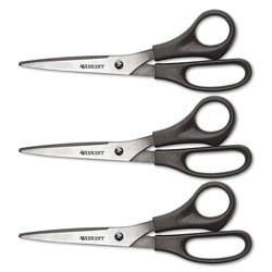 Westcott® Value Line Stainless Steel Shears, 8" Long, 3.5" Cut Length, Black Offset Handles, 3/Pack (ACM13402)