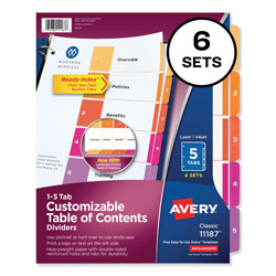 Avery Customizable TOC Ready Index Multicolor Dividers, 5-Tab, Letter, 6 Sets (AVE11187)