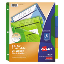 Avery Insertable Big Tab Plastic 2-Pocket Dividers, 5-Tab, 11.13 x 9.25, Assorted, 1 Set (AVE11906)
