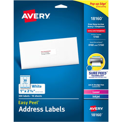 Avery White Ink Jet Mailing Labels, 1"x2 5/8", 300 per Pack (AVE18160)