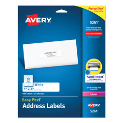 Avery Easy Peel White Address Labels w/ Sure Feed Technology, Laser Printers, 1 x 4, White, 20/Sheet, 25 Sheets/Pack (AVE5261)