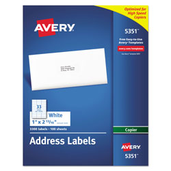 Avery Copier Mailing Labels, Copiers, 1 x 2.81, White, 33/Sheet, 100 Sheets/Box (AVE5351)