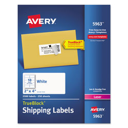 Avery Shipping Labels w/ TrueBlock Technology, Laser Printers, 2 x 4, White, 10/Sheet, 250 Sheets/Box (AVE5963)