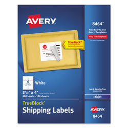 Avery Shipping Labels w/ TrueBlock Technology, Inkjet Printers, 3.33 x 4, White, 6/Sheet, 100 Sheets/Box (AVE8464)