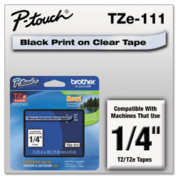 Brother TZe Standard Adhesive Laminated Labeling Tape, 0.23" x 26.2 ft, Black on Clear (BRTTZE111)