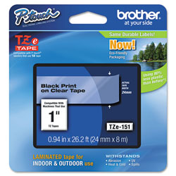 Brother TZe Standard Adhesive Laminated Labeling Tape, 0.94" x 26.2 ft, Black on Clear (BRTTZE151)