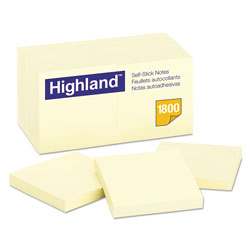 Highland Self-Stick Notes, 3" x 3", Yellow, 100 Sheets/Pad, 18 Pads/Pack (MMM654918PK)