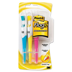 Post-it® Flag+ Highlighter, Assorted Ink/Flag Colors, Chisel Tip, Assorted Barrel Colors, 3/Pack (MMM689HL3)