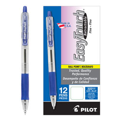 Pilot EasyTouch Retractable Ballpoint Pen, Fine 0.7mm, Blue Ink, Clear Barrel, Dozen