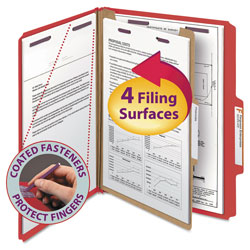 Smead Four-Section Pressboard Top Tab Classification Folders with SafeSHIELD Fasteners, 1 Divider, Letter Size, Bright Red, 10/Box (SMD13731)