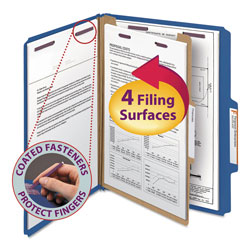 Smead Four-Section Pressboard Top Tab Classification Folders with SafeSHIELD Fasteners, 1 Divider, Letter Size, Dark Blue, 10/Box (SMD13732)
