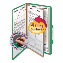 Smead Four-Section Pressboard Top Tab Classification Folders with SafeSHIELD Fasteners, 1 Divider, Legal Size, Green, 10/Box (SMD18733)