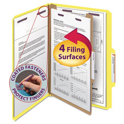 Smead Four-Section Pressboard Top Tab Classification Folders with SafeSHIELD Fasteners, 1 Divider, Legal Size, Yellow, 10/Box (SMD18734)