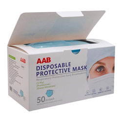 AAB Personal Protective Disposable Breathable Face Mask, 3-Ply, Blue, 50 per Box, 6 Box/Case, 300 Total