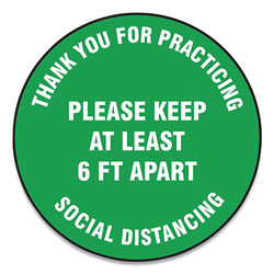 Accuform® Slip-Gard Floor Signs, 17 in Circle,  inThank You For Practicing Social Distancing Please Keep At Least 6 Ft Apart in, Green, 25/PK