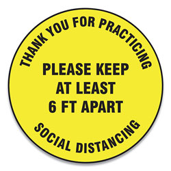Accuform® Slip-Gard Floor Signs, 17 in Circle, inThank You For Practicing Social Distancing Please Keep At Least 6 Ft Apart in, Yellow, 25/PK
