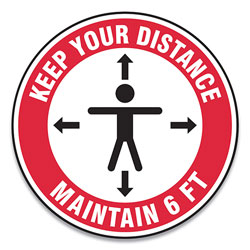 Accuform® Slip-Gard Social Distance Floor Signs, 12 in Circle,  inKeep Your Distance Maintain 6 Ft in, Human/Arrows, Red/White, 25/Pack