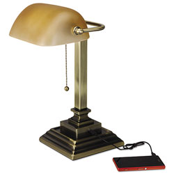 Alera Traditional Banker's Lamp with USB, 10 inw x 10 ind x 15 inh, Antique Brass