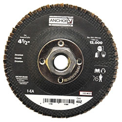 Anchor Abrasive High Density Flap Discs, 4 1/2 in Dia, 40 Grit, 5/8-11 Arbor, Type 27