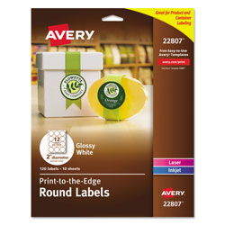 Avery Round Print-to-the Edge Labels with Sure Feed and Easy Peel, 2 in dia, Glossy White, 120/PK