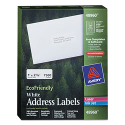 Avery EcoFriendly Mailing Labels, Inkjet/Laser Printers, 1 x 2.63, White, 30/Sheet, 250 Sheets/Box