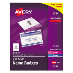 Avery Clip-Style Name Badge Holder with Laser/Inkjet Insert, Top Load, 4 x 3, White, 40/Box (AVE5384)