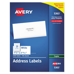 Avery Copier Mailing Labels, Copiers, 1.38 x 2.81, White, 24/Sheet, 100 Sheets/Box (AVE5363)