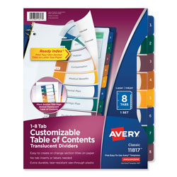 Avery Customizable Table of Contents Ready Index Dividers with Multicolor Tabs, 8-Tab, 1 to 8, 11 x 8.5, Translucent, 1 Set