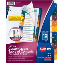 Avery Customizable Table of Contents Ready Index Dividers with Multicolor Tabs, 10-Tab, 1 to 10, 11 x 8.5, Translucent, 1 Set