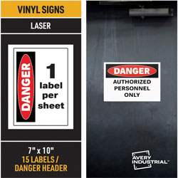 Avery Danger Header Printable Outdoor Vinyl Signs,  inDANGER in7 in x 10 in Length, 15 Total Sheets