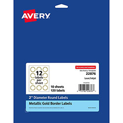 Avery Round Labels, 2 in dia, White with Gold Border, 12/Sheet, 10 Sheets/Pack