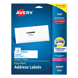 Avery Easy Peel White Address Labels w/ Sure Feed Technology, Laser Printers, 1.33 x 4, White, 14/Sheet, 25 Sheets/Pack (AVE5262)