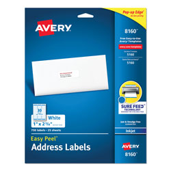 Avery Easy Peel White Address Labels w/ Sure Feed Technology, Inkjet Printers, 1 x 2.63, White, 30/Sheet, 25 Sheets/Pack (AVE8160)
