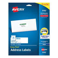 Avery Easy Peel White Address Labels w/ Sure Feed Technology, Inkjet Printers, 1.33 x 4, White, 14/Sheet, 25 Sheets/Pack (AVE8162)